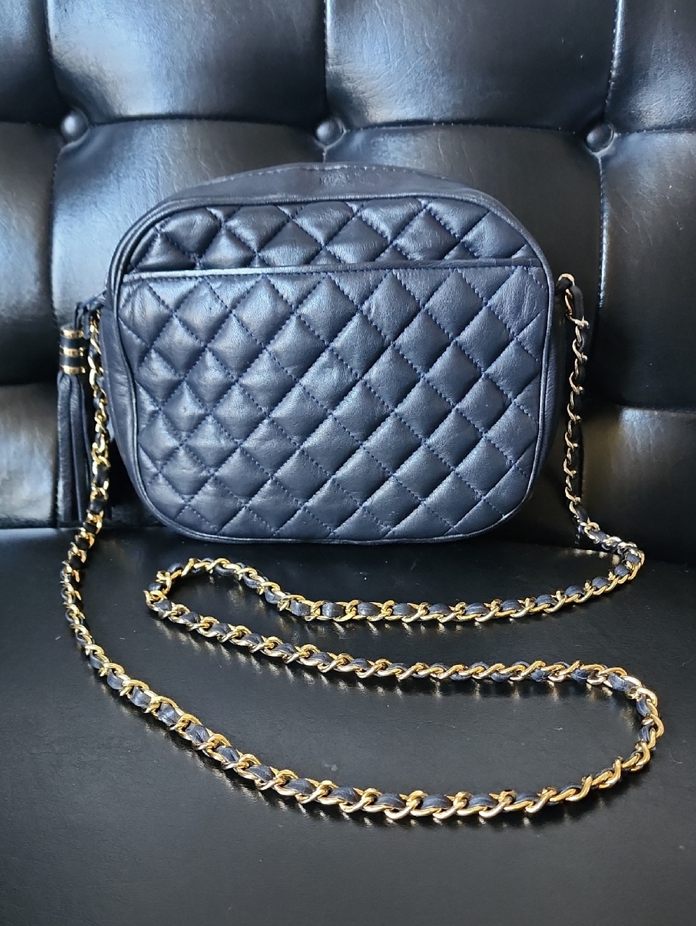 Vintage Genuine Leather Quilted Crossbody Camera Bag Purse Gold Chain & Tassel